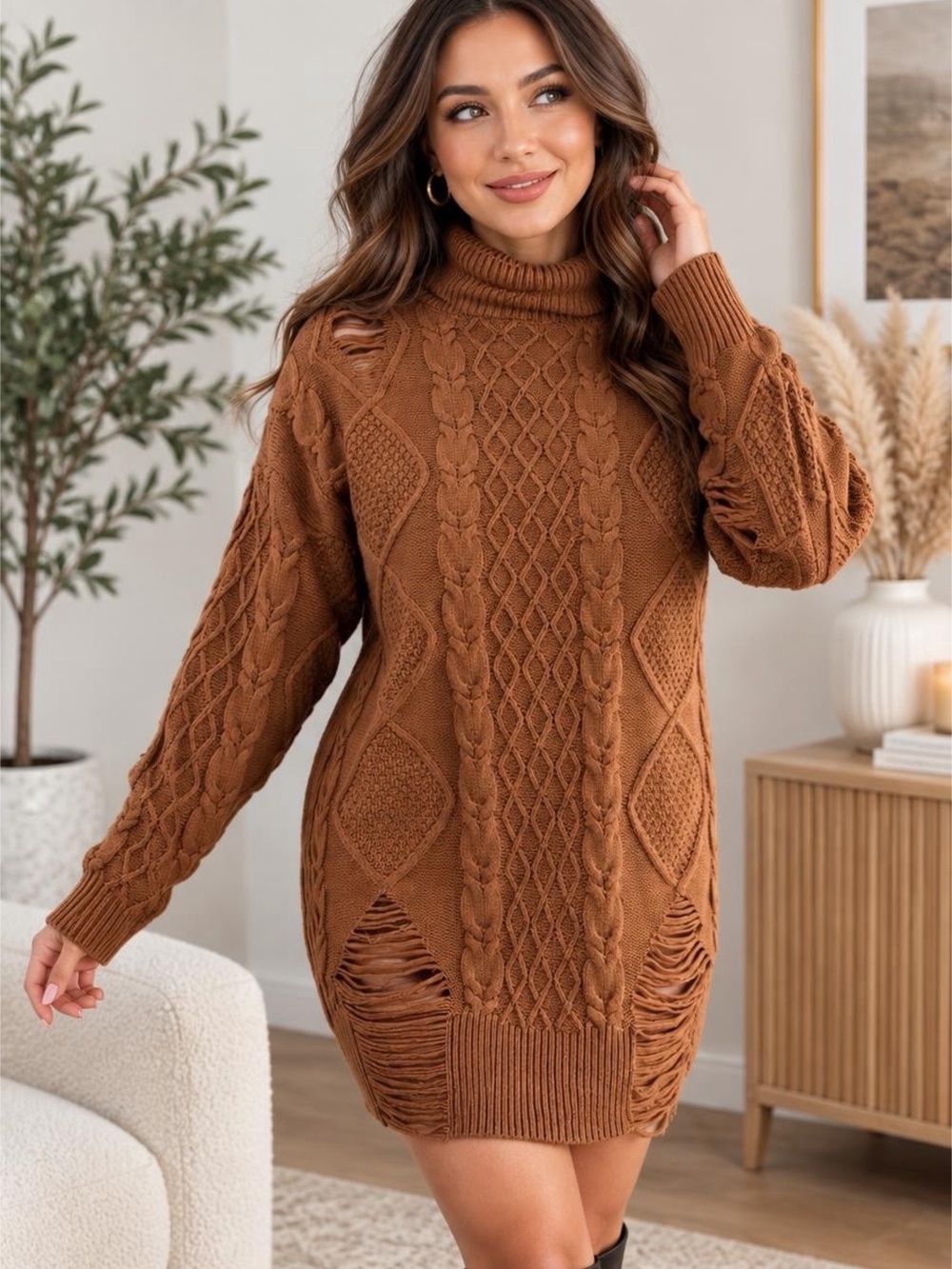 Turtleneck Cable Knit Distressed loose midi Sweater Dress in Chestnut